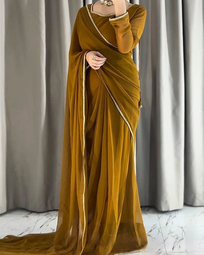 Lace Work Chiffon Saree Stitched