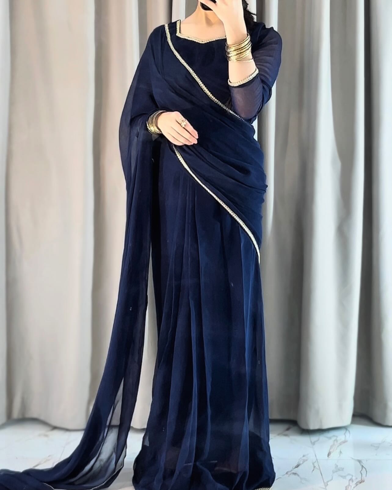 Lace Work Chiffon Saree Stitched