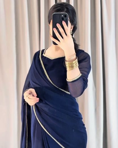 Lace Work Chiffon Saree Stitched