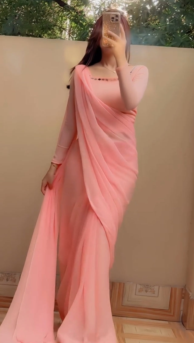Shama-e-Husn Chiffon Saree Peach Pink Stitched