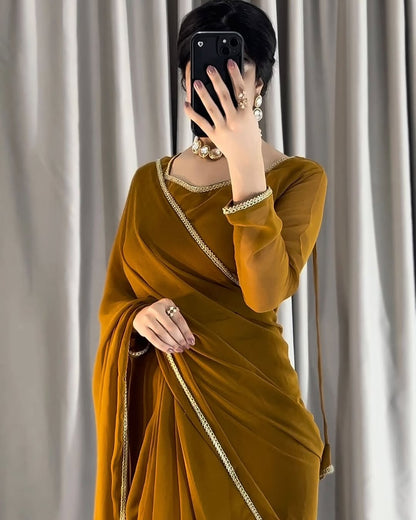 Lace Work Chiffon Saree Stitched