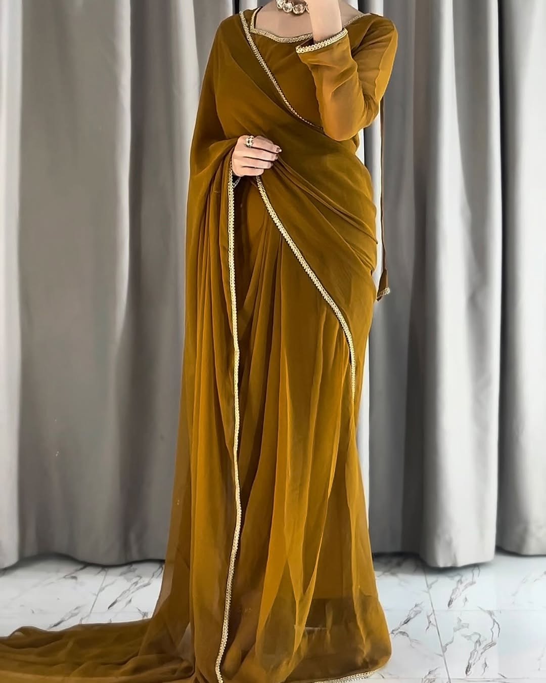 Lace Work Chiffon Saree Stitched