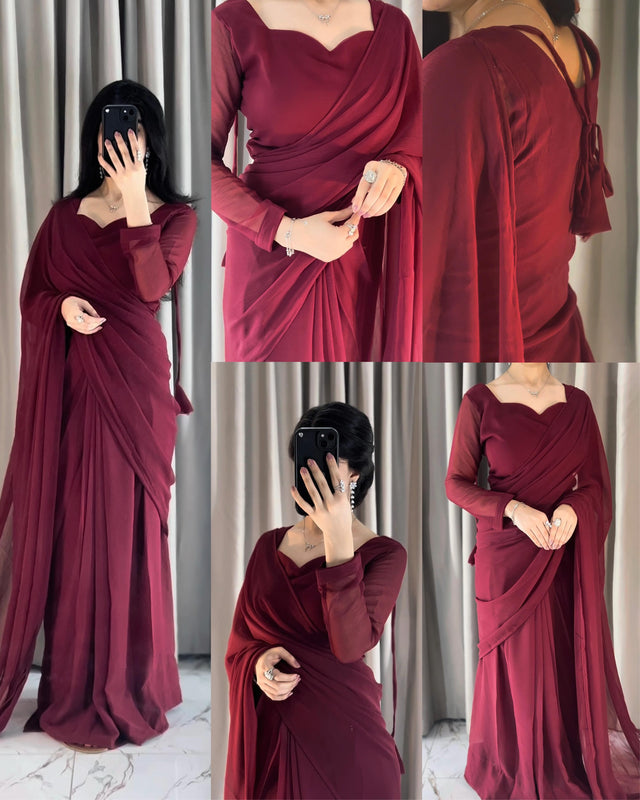 Plain Heart Shaped Neck Grace Signature Chiffon Saree (Stitched)