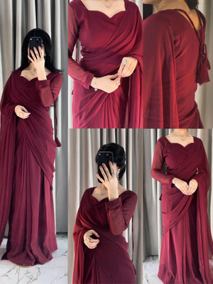 Plain Heart Shaped Neck Grace Signature Chiffon Saree (Stitched)