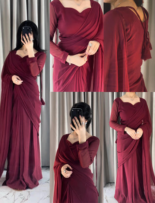 Plain Heart Shaped Neck Grace Signature Chiffon Saree (Stitched)