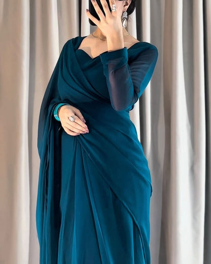 Plain Heart Shaped Neck Grace Signature Chiffon Saree (Stitched)