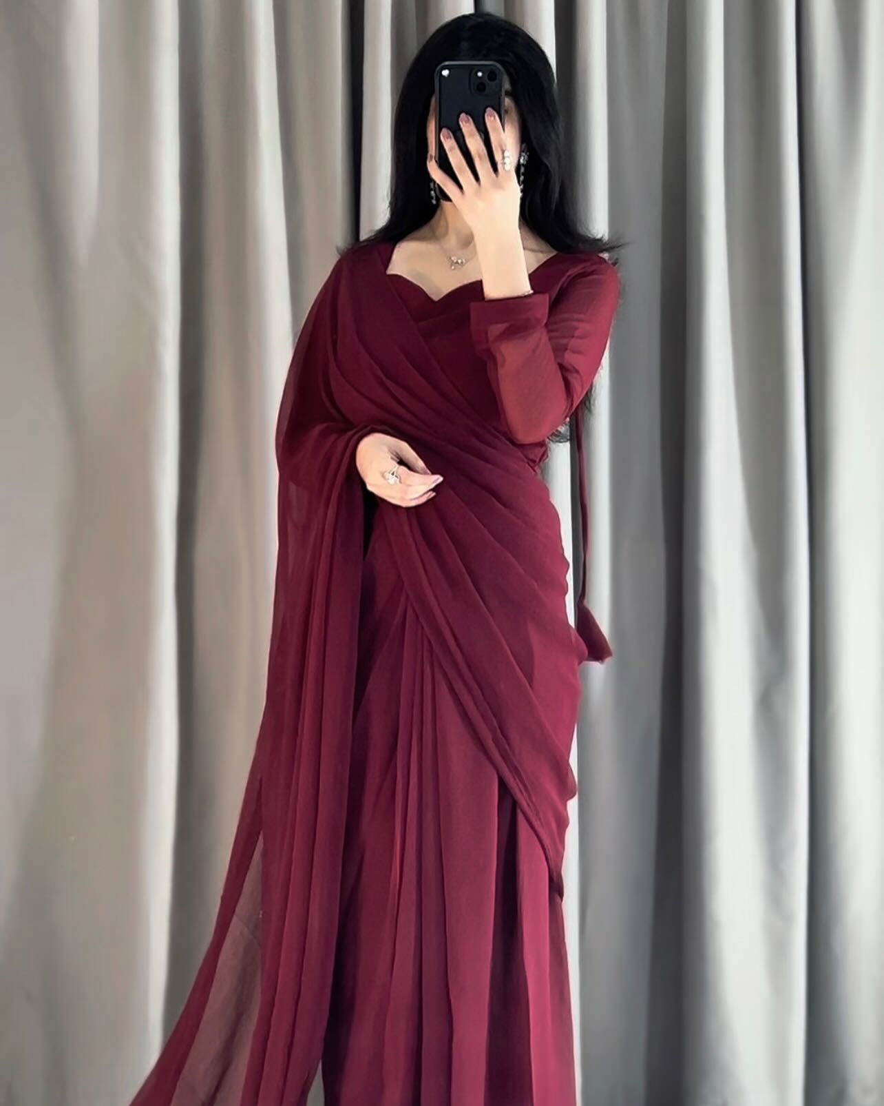 Plain Heart Shaped Neck Grace Signature Chiffon Saree (Stitched)
