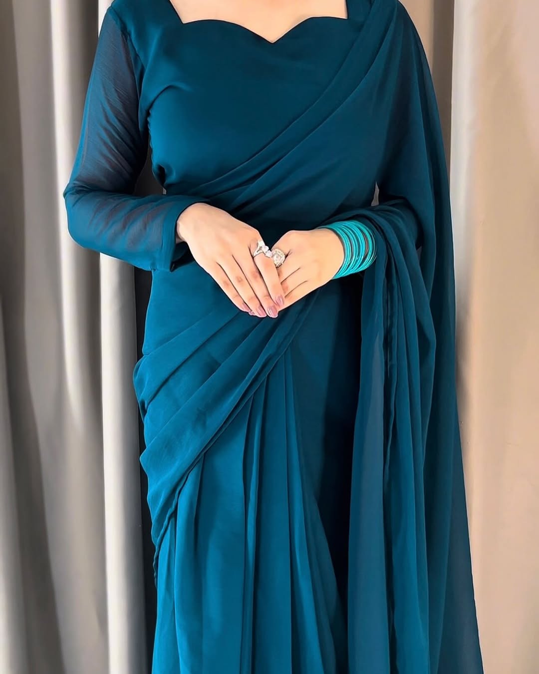 Plain Heart Shaped Neck Grace Signature Chiffon Saree (Stitched)