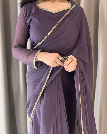 Lace Work Chiffon Saree Stitched