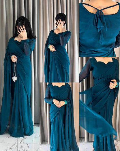 Plain Heart Shaped Neck Grace Signature Chiffon Saree (Stitched)
