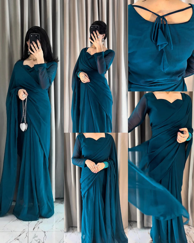 Plain Heart Shaped Neck Grace Signature Chiffon Saree (Stitched)