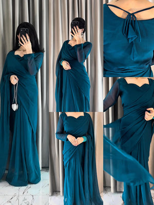 Plain Heart Shaped Neck Grace Signature Chiffon Saree (Stitched)