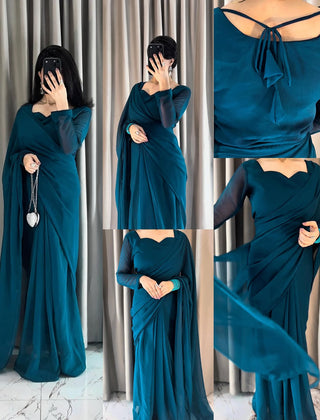 Plain Heart Shaped Neck Grace Signature Chiffon Saree (Stitched)