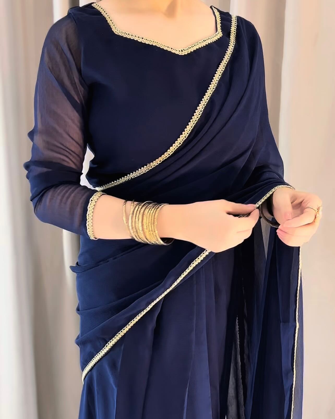 Lace Work Chiffon Saree Stitched