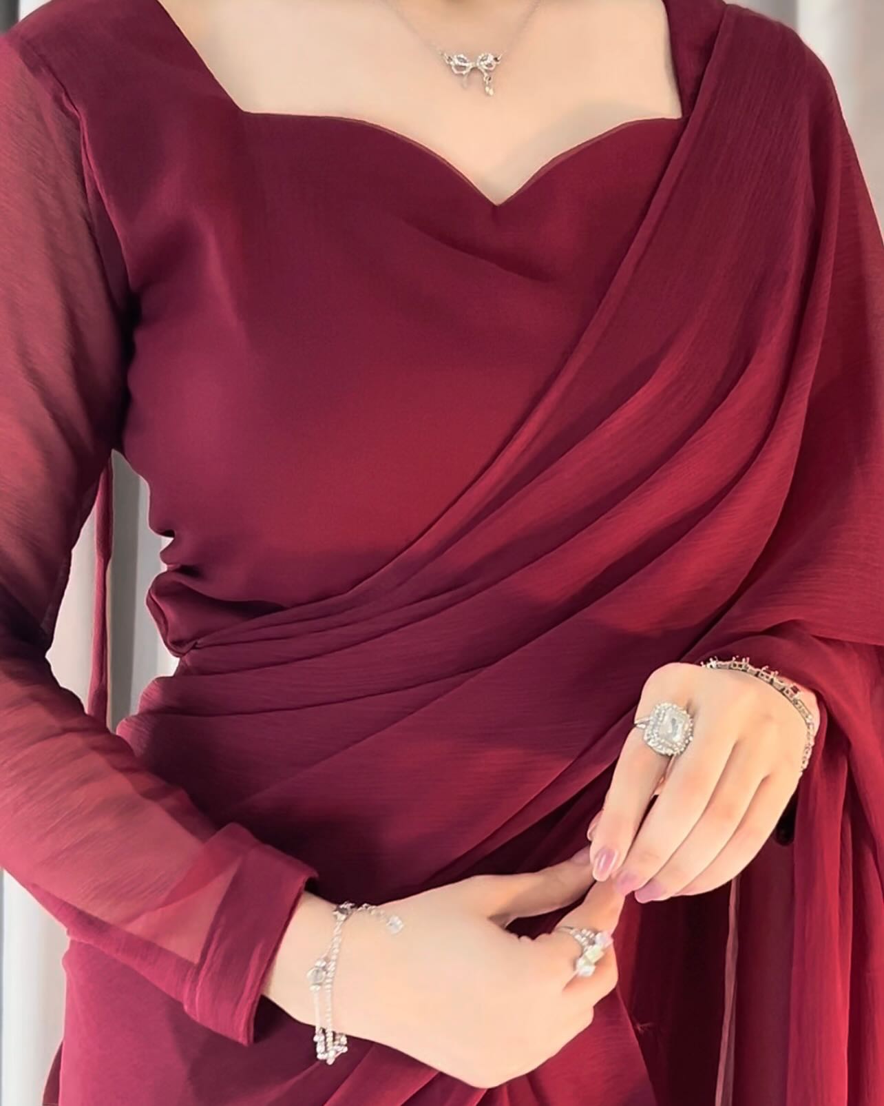 Plain Heart Shaped Neck Grace Signature Chiffon Saree (Stitched)