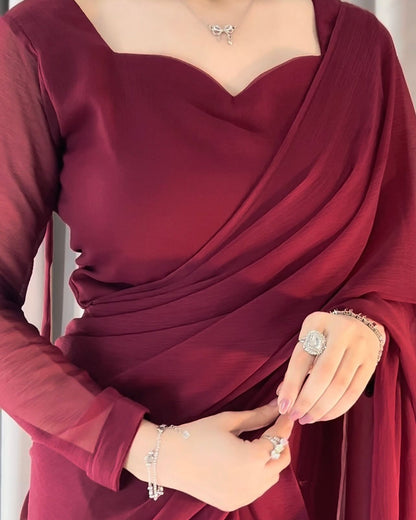 Plain Heart Shaped Neck Grace Signature Chiffon Saree (Stitched)