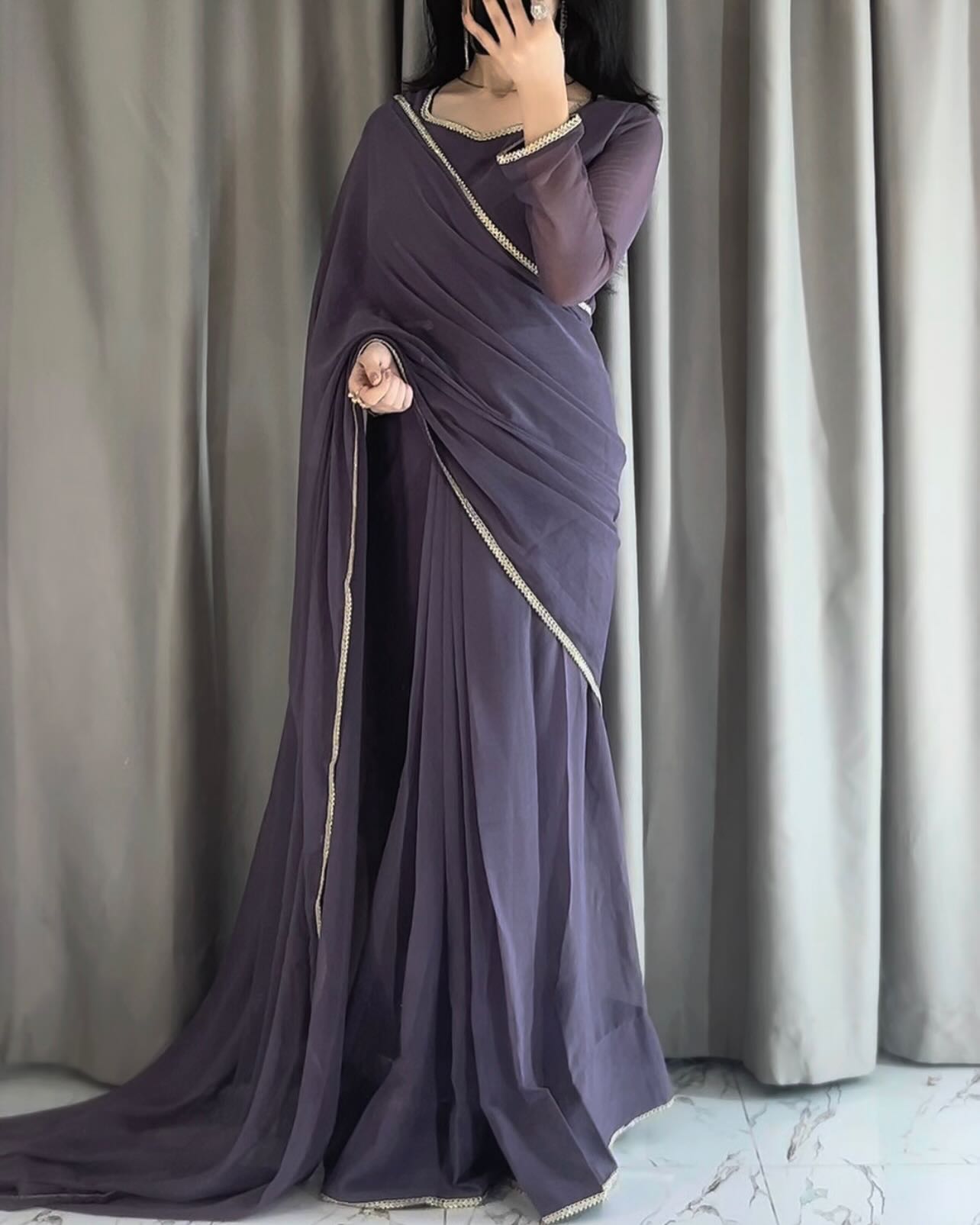 Lace Work Chiffon Saree Stitched