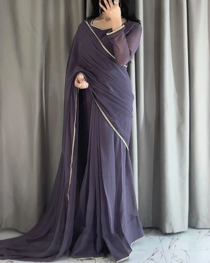Lace Work Chiffon Saree Stitched