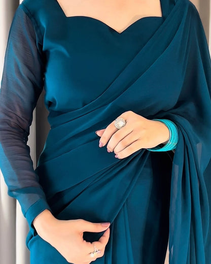 Plain Heart Shaped Neck Grace Signature Chiffon Saree (Stitched)