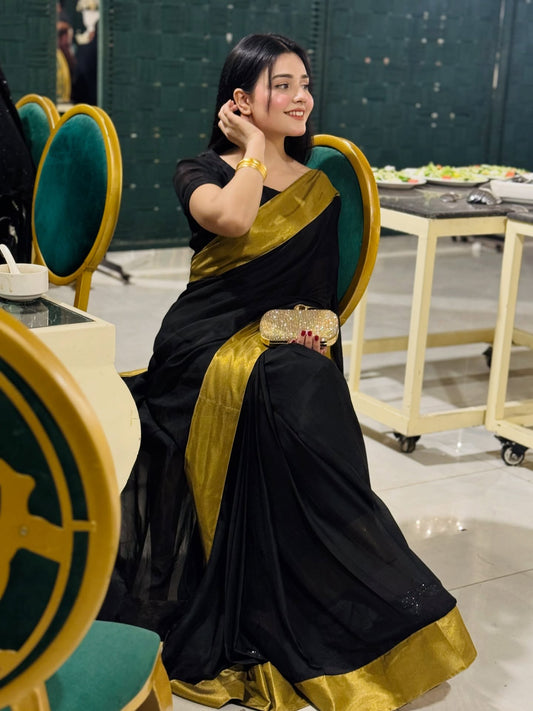 Afsana Black Gold Chiffon Saree (Stitched)