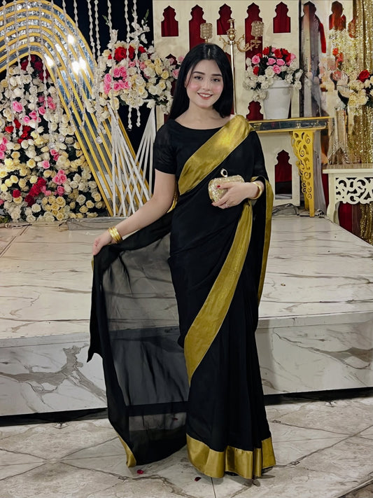 Afsana Black Gold Chiffon Saree (Stitched)